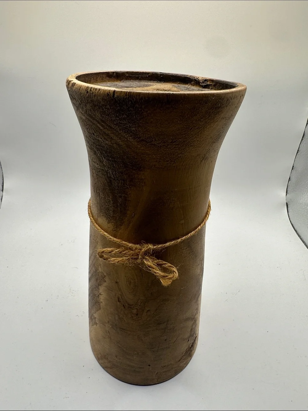 Handcrafted Brown Wood Vase with Natural Twine Accent